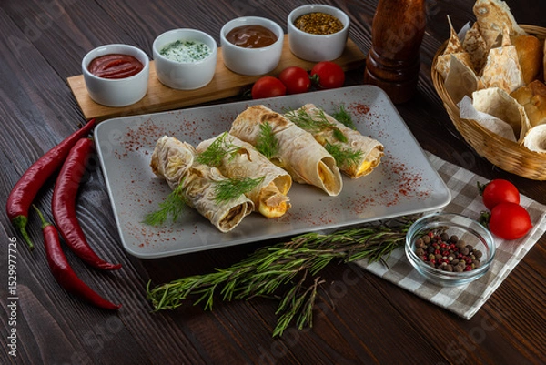 Fototapeta Suluguni cheese shashlik on a wooden background