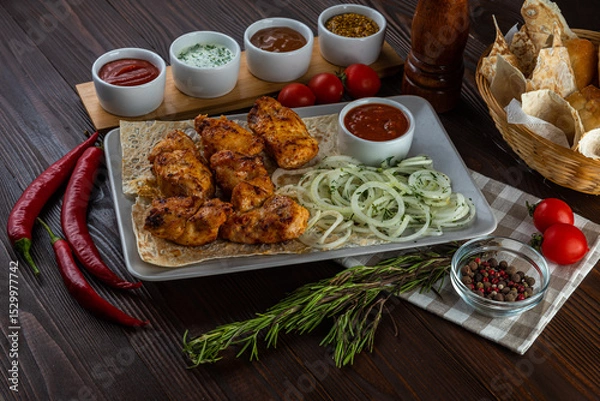 Fototapeta Shashlik with sauces and fresh bread on wooden background
