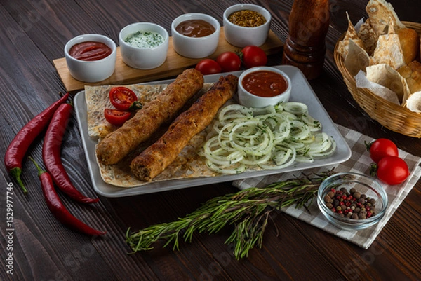 Fototapeta Beef kebab with sauces on wooden background