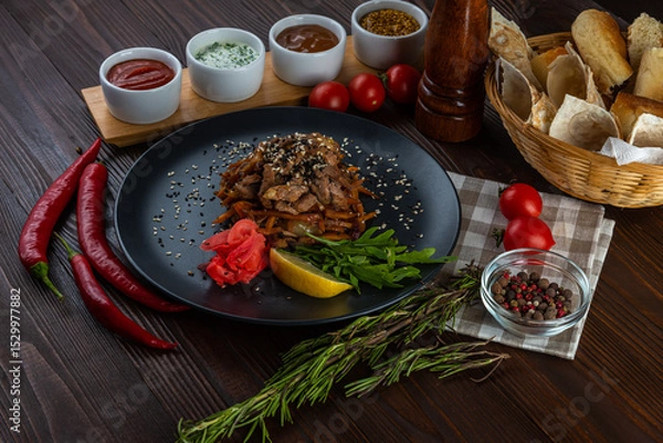 Fototapeta Viennese salad with beef tongue and sauces on wooden background