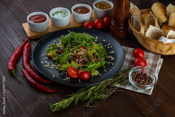 Fototapeta Roast beef salad with grilled vegetables on wooden background
