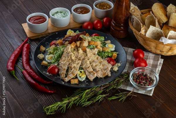Fototapeta Caesar salad with chicken on wooden background
