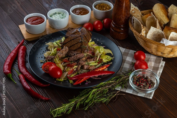 Fototapeta Spicy salad with beef on wooden background