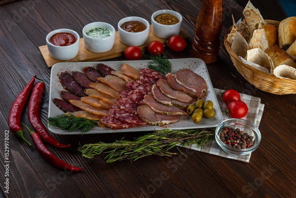 Obraz Meat set on wooden background