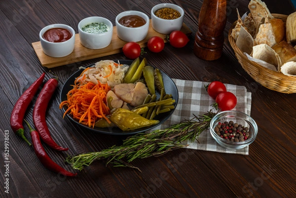 Obraz Spicy set, pickled vegetables on wooden background