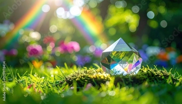 Fototapeta Crystal Prism on Velvet Cushion with Scattering Rainbows in Garden