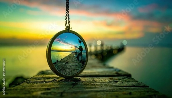 Fototapeta Captivating Pocket Mirror Reflecting Pastel Skies Over Serene Pier