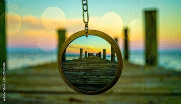 Fototapeta Reflection of a Pier in a Vintage Pocket Mirror at Sunset