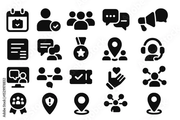 Obraz Community Engagement Icons. Solid style icons of community engagement platforms: event calendar badge, volunteer registration icon