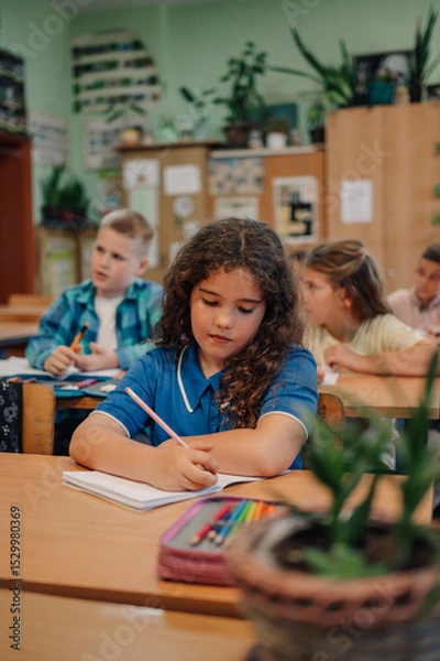 Fototapeta Elementary school student writing in notebook during class