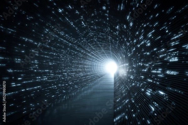 Fototapeta Futuristic tunnel with glowing data streams