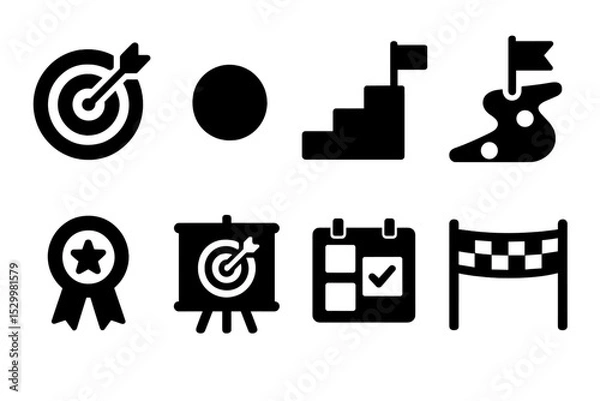 Obraz Goal-Driven Icons. Solid style icons of goal-driven innovation: target icon, milestone dot, steps ladder, progress path. Solid