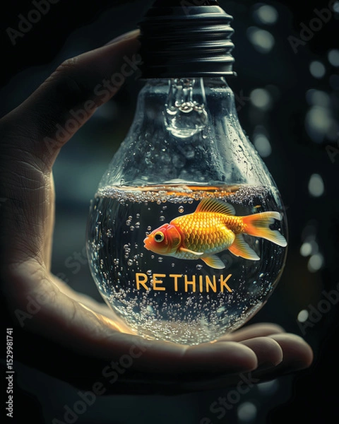 Obraz "Rethink" Goldfish in Light Bulb Aquarium - Innovation & New Ideas
