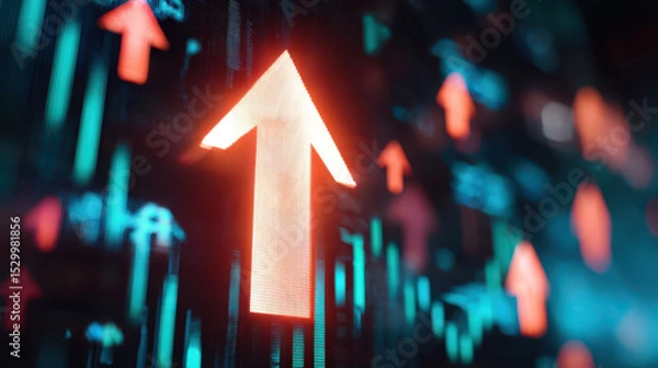Fototapeta Close-up of a glowing upward arrow graph on a digital screen with blurred financial charts background