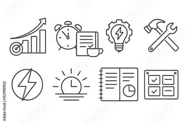 Fototapeta Productivity Icons Set. Line style icons of productivity: goal streak chart, morning planning ritual, smart effort icon, effective