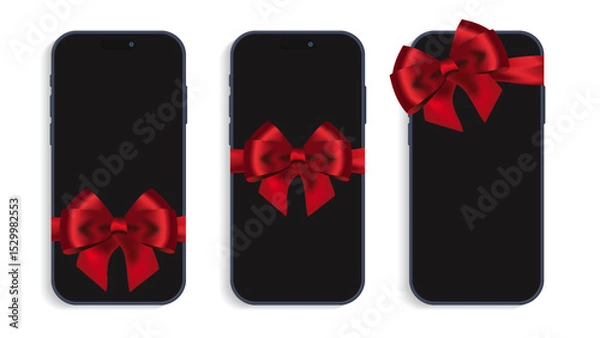 Fototapeta Gift Smartphone with Red Ribbon and Bow – Black Mobile Phone Isolated on White Background | Vector Illustration