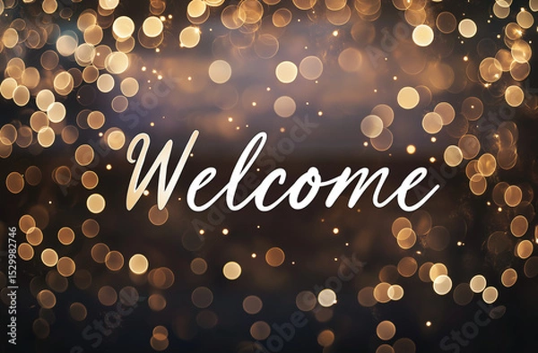 Fototapeta Blurred bokeh background featuring the word ‘Welcome’ in cursive, creating an elegant and warm atmosphere perfect for greeting guests or enhancing visually stunning designs