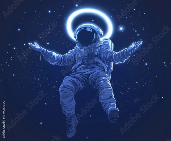 Obraz Digital vector art of an astronaut floating in space with glowing stars on a dark blue background. Minimalistic, high-contrast shading, glowing halo, cinematic lighting, centered and symmetrical