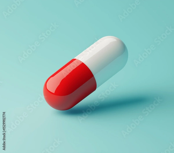 Obraz Isometric render of a red and white pill floating against a minimalistic light blue background. High-resolution, cinematic, hyper-realistic with soft lighting and detailed textures