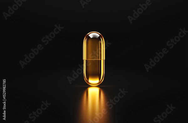 Obraz A single yellow transparent capsule on a black background with glowing highlights and reflections. Centered and elegant, it suggests a luxury health product with a golden internal glow