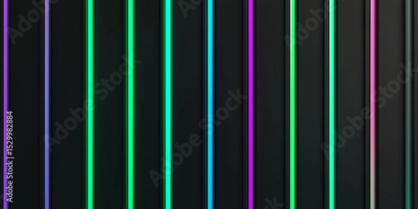 Obraz Sleek black background with vibrant green, teal, and cyan neon stripes arranged in horizontal lines. Smooth gradient and glowing hues create a dynamic, futuristic, and eye-catching aesthetic