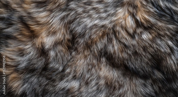 Obraz Top view flat lay close-up of natural fur texture in gray and brown tones, resembling animal skin or wolf hair. Ideal as a soft, organic background for nature-inspired design projects