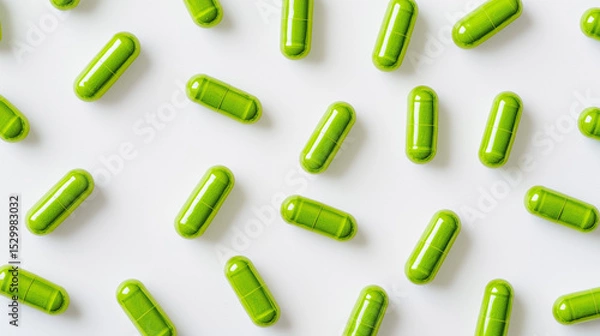 Obraz Flat lay, top view stock photo of numerous green capsule-shaped pills scattered on a clean white background. Ideal for medical, pharmaceutical, or healthcare-themed visual projects