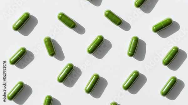 Obraz Top view flat lay of green ‘veg’-shaped health supplement capsules arranged on a white background. Clean and clear image ideal for wellness, nutrition, and pharmaceutical designs