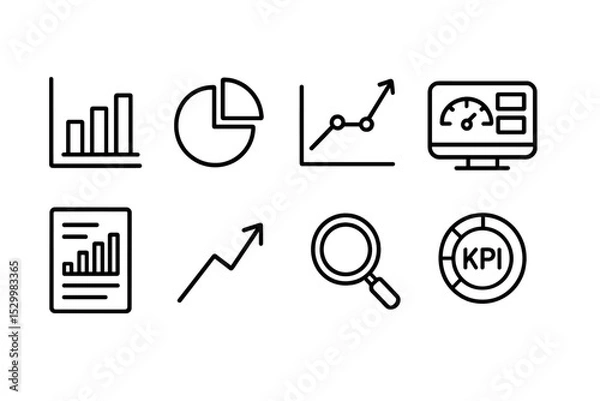 Obraz Analytics Icon Set. Line style icons for analytics: bar chart, pie chart, line graph, dashboard, report, trend arrow, magnifying