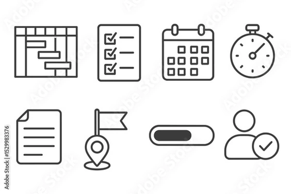 Obraz Project Management Icons. Line style icons for project management: gantt chart, checklist, calendar, timer, notes, milestone,