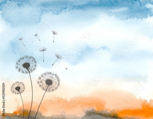 Obraz Dandelions. Watercolor painting, minimalist, simple graphics.