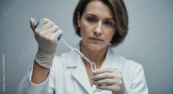 Obraz Young woman scientist in white coat working with pipette and test tube in laboratory. Medical experiment and diagnosis concept.