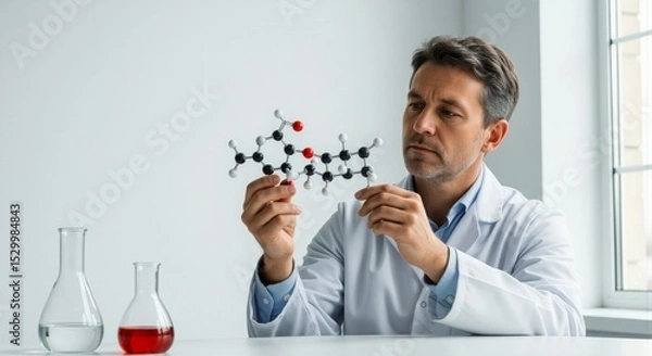 Obraz Caucasian man, a scientist or researcher in a white lab coat, holding and examining a molecular model. Concept of scientific research, discovery, and chemical analysis.