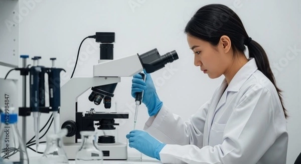Obraz Asian woman scientist in white lab coat using pipette and holding tube at desk with microscope. Biotechnology concept.