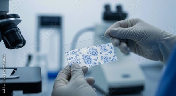 Obraz Scientist holds a microscopic slide with cells in lab. Medical research using biotechnology. Examination under a microscope for diagnostics.