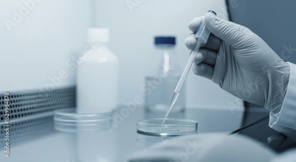Obraz Hand in white glove holding a pipette above a petri dish, dropping liquid inside in a laboratory setting. A scientific experiment in blue tones.