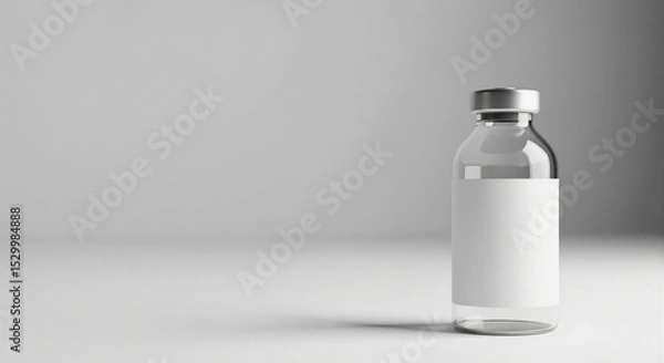 Obraz Clear glass vial with blank label and metallic cap on a clean background. Empty medicine bottle for medical mockup concept.