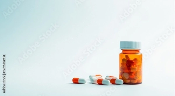 Obraz A brown pill bottle full of medication pills on a light background with orange and white capsules scattered near the bottle.