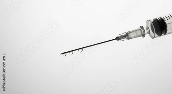 Obraz Transparent medical syringe with a sharp needle and liquid drops on a white background. Concept of vaccination, injection, and healthcare.