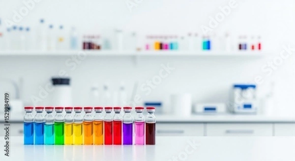 Obraz Vials with colorful liquid on a white laboratory table. Chemical reagent in glass bottles. Science research and lab test concept.