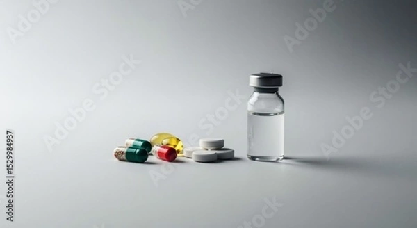 Obraz Medical vial with white tablets and colorful capsules on a sterile surface. Medicine and healthcare concept for pharmacy.