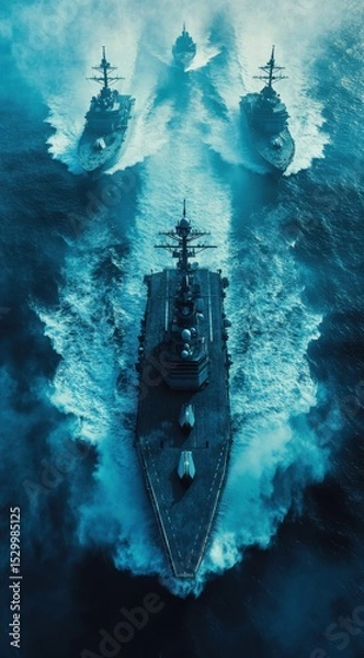 Obraz Aerial view of naval fleet at sea moving in formation, perfect for military reports, defense editorials, or global strategy publications.