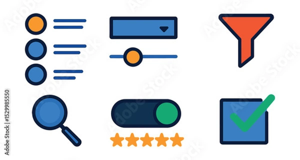 Fototapeta Flat vector icons of selection tools and interfaces: radio button group, dropdown menu icon, slider selector, filter funnel badge, search magnifier glass, toggle button panel, star rating selector,