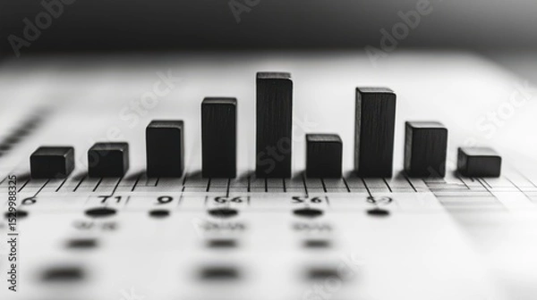 Obraz A striking 3D bar chart with black blocks on a blurred document background, emphasizing data visualization and business analytics