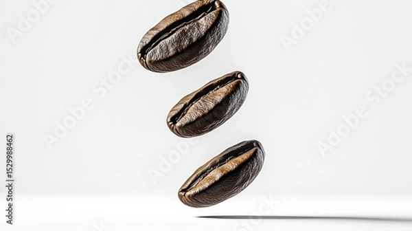 Obraz Three roasted coffee beans suspended in mid-air against a clean white background, highlighting their rich texture and aroma