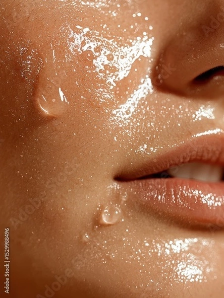 Obraz A close-up of a girl's face with glistening droplets, highlighting skin texture and natural beauty