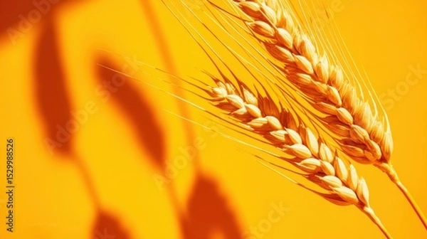 Obraz Wheat grains and wheat ear on a yellow-orange background, warm bright light