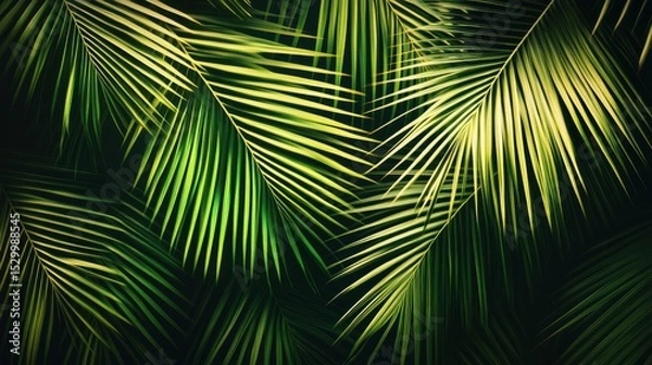 Obraz A close-up of overlapping, lush green palm leaves under dappled light, showcasing their intricate textures and vibrant hues against a dark background
