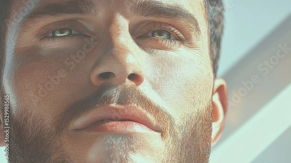 Obraz A close-up of a man's face with intense green eyes, showcasing detailed skin texture and rugged features