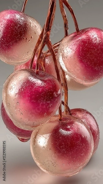 Obraz A close-up of glossy cherries with water droplets, showcasing their vibrant red hue and juicy texture